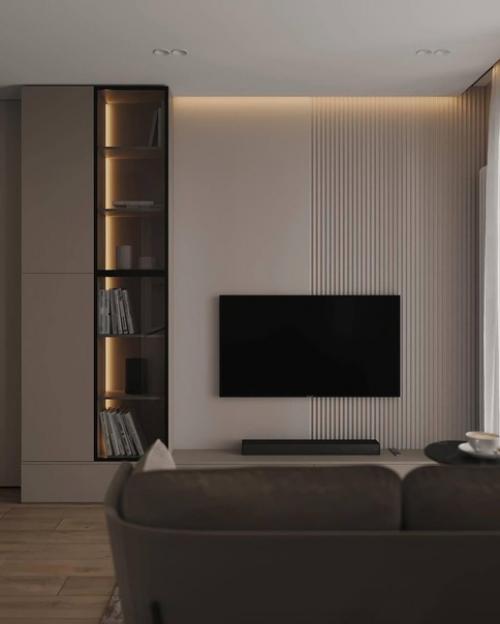 Интерьер кухни - гостиной в современном стиле в бежевых тонах. 07