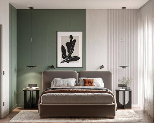 Современный дизайн спальни с яркой цветовой гаммой, удобной системой хранения и ярким пуфом. 04