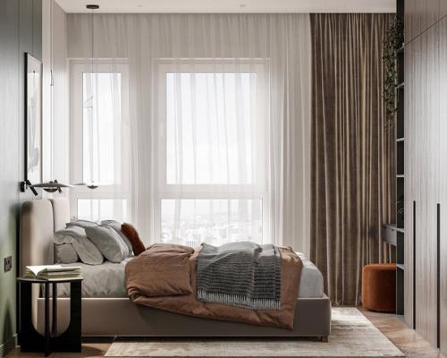 Современный дизайн спальни с яркой цветовой гаммой, удобной системой хранения и ярким пуфом. 02