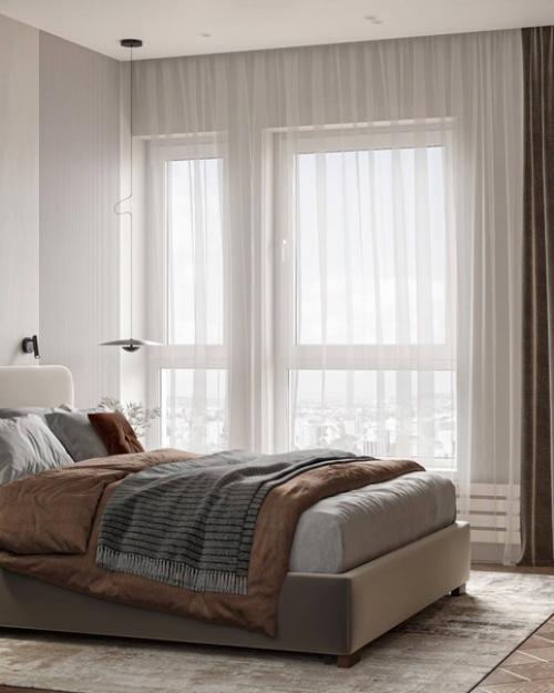 Современный дизайн спальни с яркой цветовой гаммой, удобной системой хранения и ярким пуфом. 06