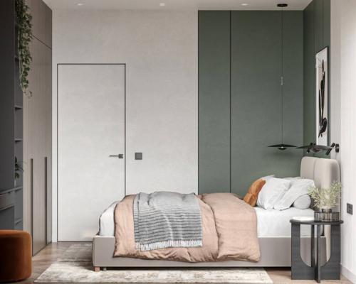 Современный дизайн спальни с яркой цветовой гаммой, удобной системой хранения и ярким пуфом. 03