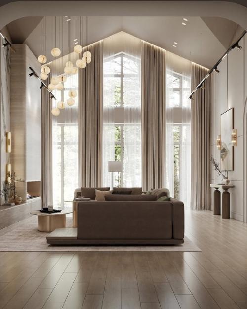 Светлая гостиная с высокими потолками в частном доме. 09