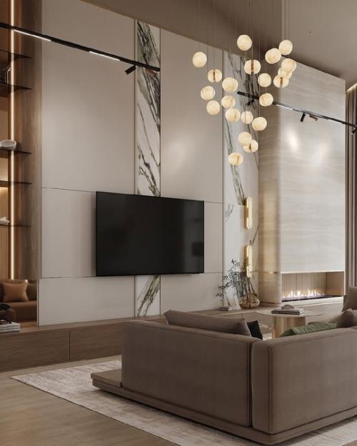 Светлая гостиная с высокими потолками в частном доме. 01