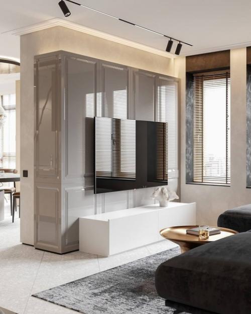 Кухня - гостиная с декоративной штукатуркой, имеет оригинальный дизайн и привлекательный внешний вид. 01