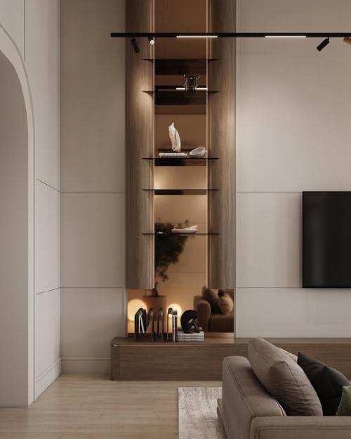 Светлая гостиная с высокими потолками в частном доме. 05