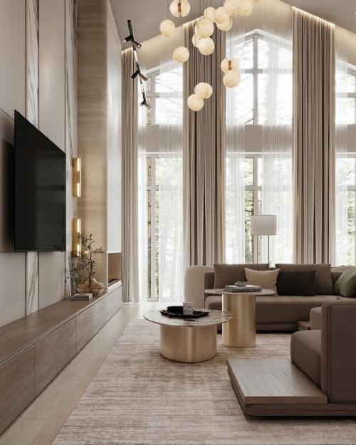 Светлая гостиная с высокими потолками в частном доме. 03