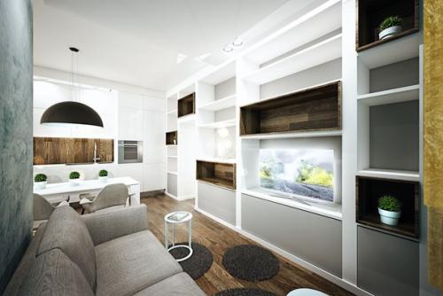 Бирюзовый цвет в интерьере компактной квартиры с открытой планировкой. 02