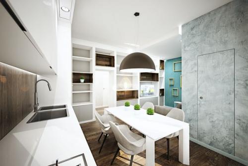 Бирюзовый цвет в интерьере компактной квартиры с открытой планировкой. 03