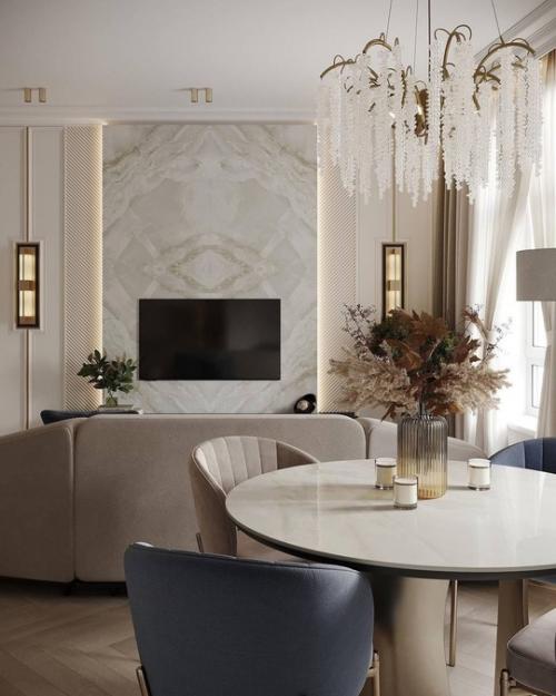 Интерьер кухни - гостиной в современной классике в светлых уютных тонах. 03