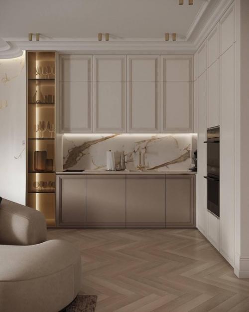 Интерьер кухни - гостиной в современной классике в светлых уютных тонах. 01