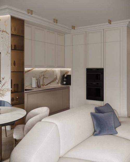 Интерьер кухни - гостиной в современной классике в светлых уютных тонах. 05