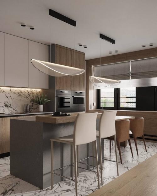 Минималистичный и фактурный интерьер кухни в светлых уютных тонах. 04