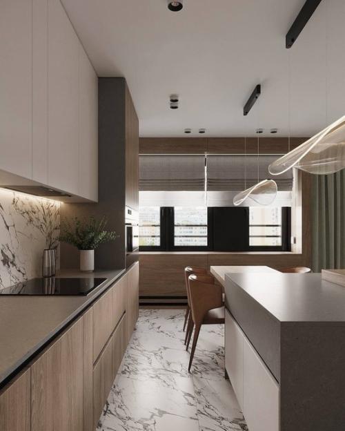 Минималистичный и фактурный интерьер кухни в светлых уютных тонах. 03