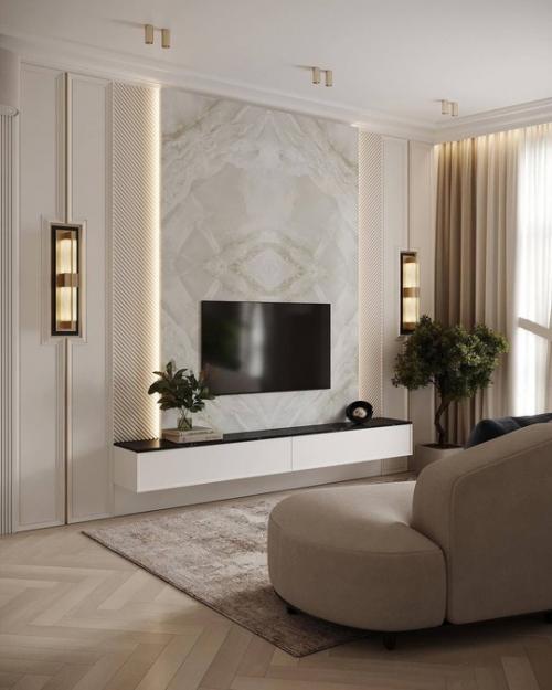 Интерьер кухни - гостиной в современной классике в светлых уютных тонах. 06