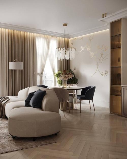 Интерьер кухни - гостиной в современной классике в светлых уютных тонах. 04