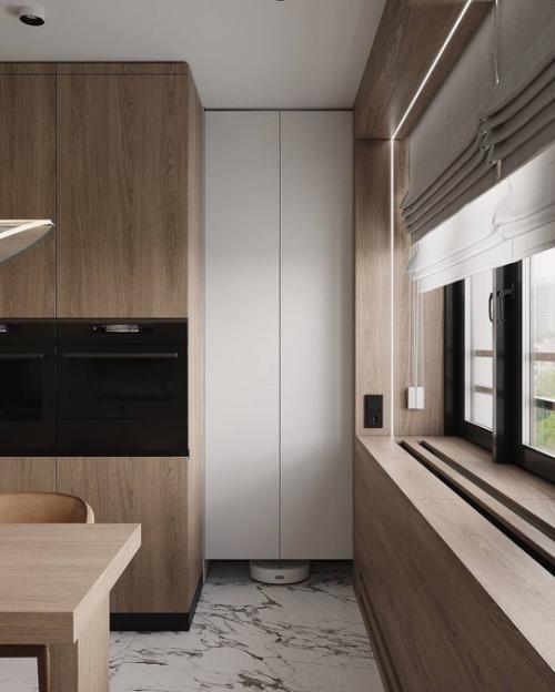 Минималистичный и фактурный интерьер кухни в светлых уютных тонах. 05