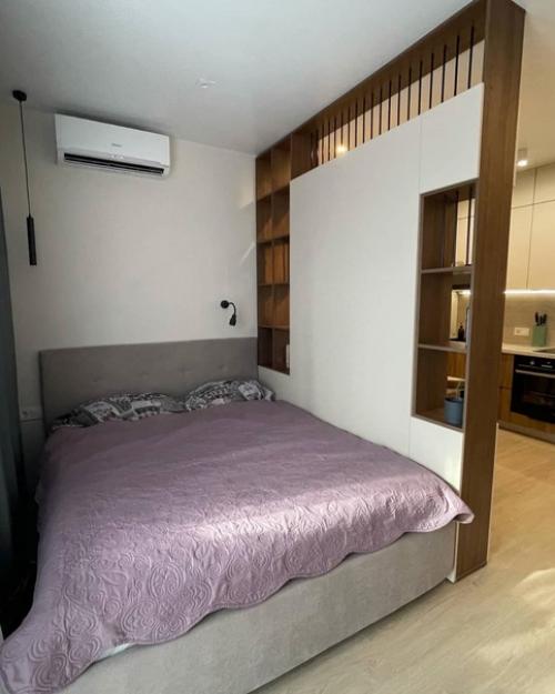 Квартире - студии.  С помощью мебельнои перегородки разделили пространство на две основные зоны - кухни и спальни. 05