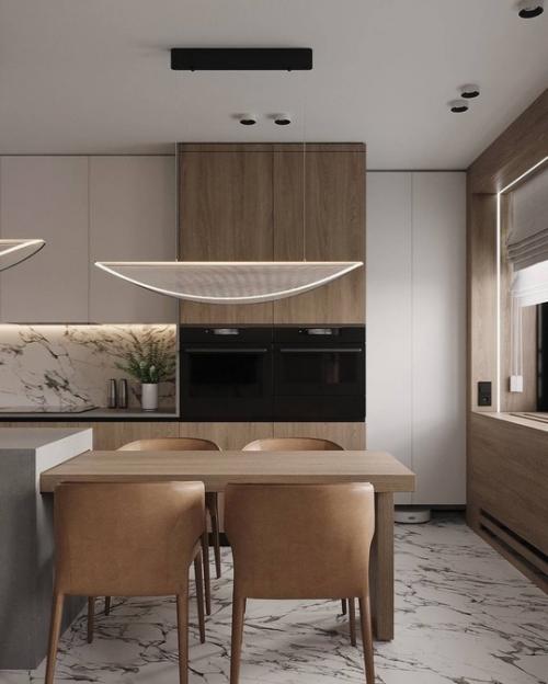 Минималистичный и фактурный интерьер кухни в светлых уютных тонах. 01