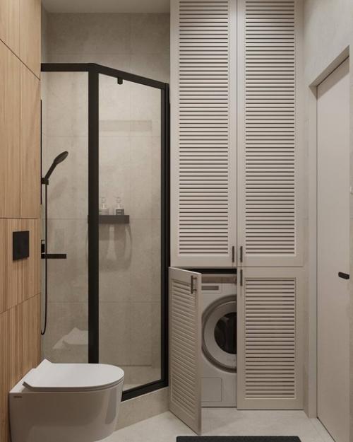 Светлый современный интерьер просторной ванной комнаты с душевой кабиной. 05