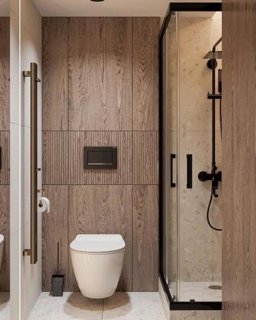 Светлый современный интерьер просторной ванной комнаты с душевой кабиной. 04