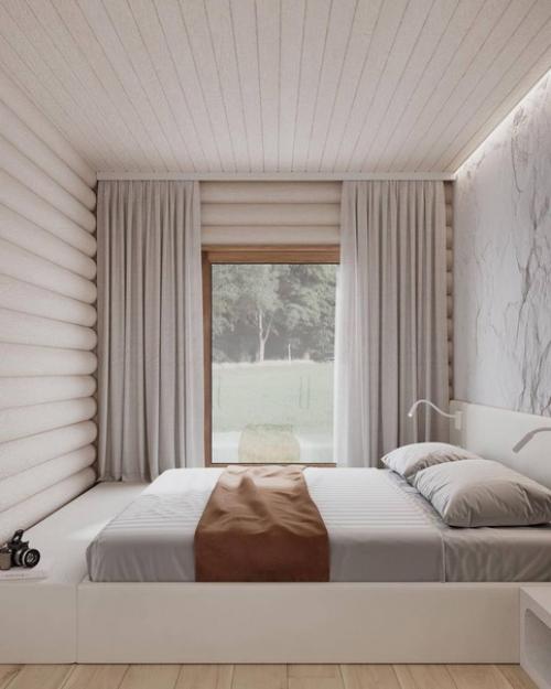 Аскетичный дизайн спальни для любителей светлых интерьеров с элементами эко стиля. 02