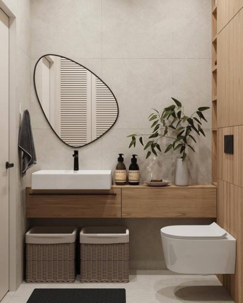 Светлый современный интерьер просторной ванной комнаты с душевой кабиной. 06