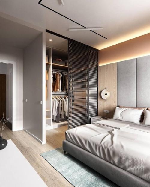 Когда спальня имеет прямоугольную форму, лучшее решение для хранения - конечно, гардеробная. 01