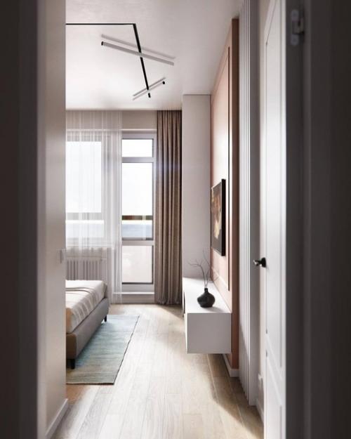 Когда спальня имеет прямоугольную форму, лучшее решение для хранения - конечно, гардеробная. 06