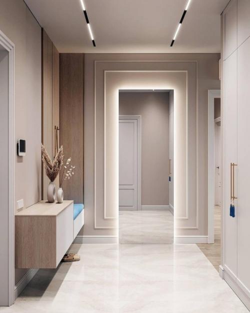 Лёгкий лаконичный интерьер прихожей и кухни - гостиной в современной классике. 07