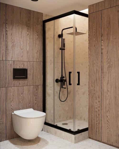 Светлый современный интерьер просторной ванной комнаты с душевой кабиной. 03