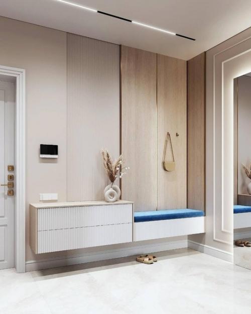 Лёгкий лаконичный интерьер прихожей и кухни - гостиной в современной классике. 08