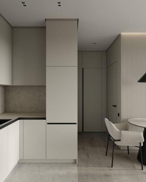 Современный стильный интерьер гостиной студии площадью 23. 08