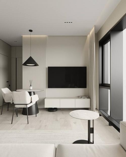 Современный стильный интерьер гостиной студии площадью 23. 09