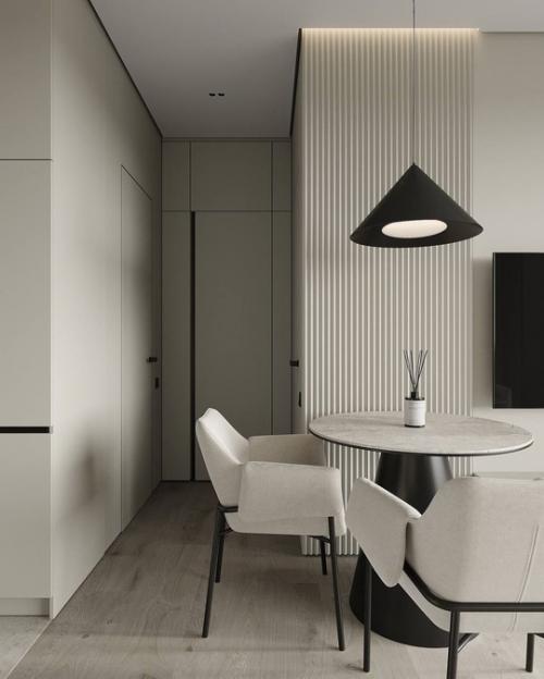 Современный стильный интерьер гостиной студии площадью 23. 01