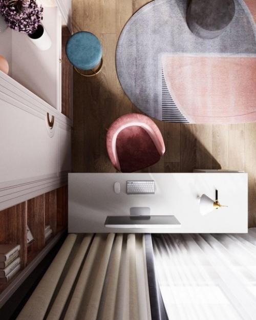 В одной части комнаты находится зона отдыха и огромный шкаф для одежды, в другой - рабочая зона, место для приема гостей и доп. 06