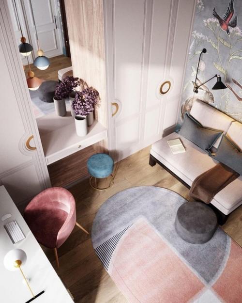 В одной части комнаты находится зона отдыха и огромный шкаф для одежды, в другой - рабочая зона, место для приема гостей и доп. 05