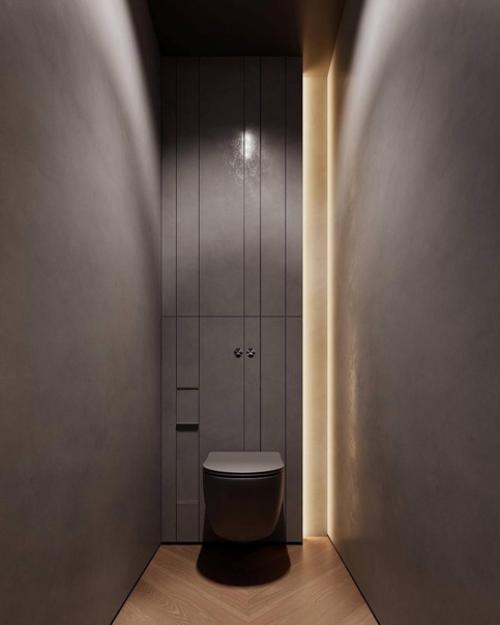 Одно из любимых решений для ванной комнаты - это тёмные цвета и мягкий свет. 02