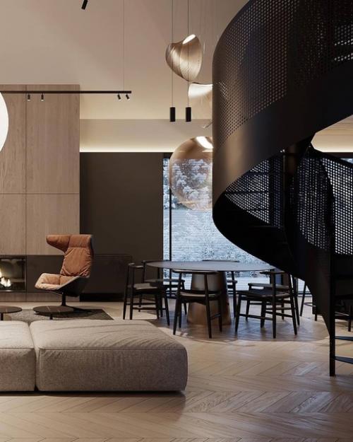 Дом разделен на несколько зон, вот несколько снимков дневной зоны, чтобы увидеть, как объем и высокие потолки влияют на дизайн интерьера. 04