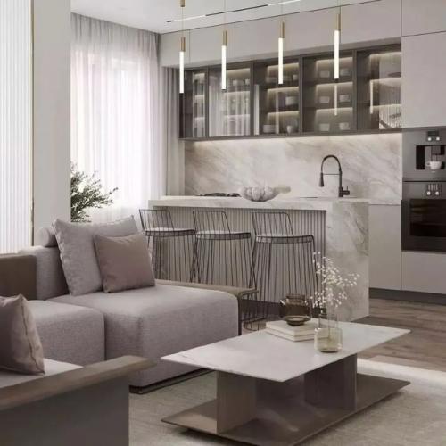 Интерьер кухни - гостиной в светлых тонах. 04