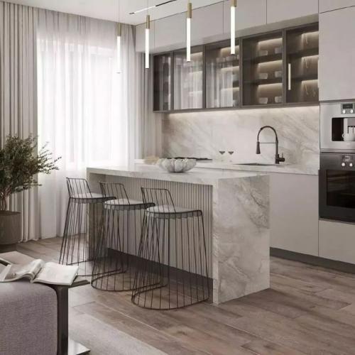 Интерьер кухни - гостиной в светлых тонах. 02