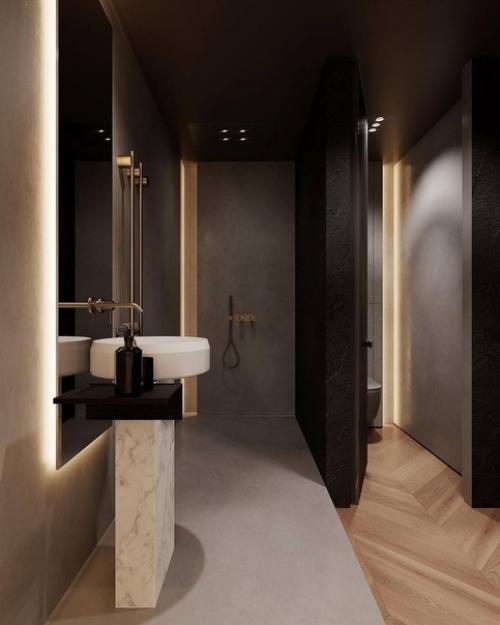 Одно из любимых решений для ванной комнаты - это тёмные цвета и мягкий свет. 01