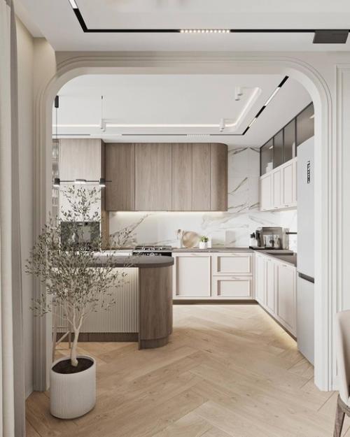 Интерьер кухни - гостиной в светлых тонах имеет ряд преимуществ: 01