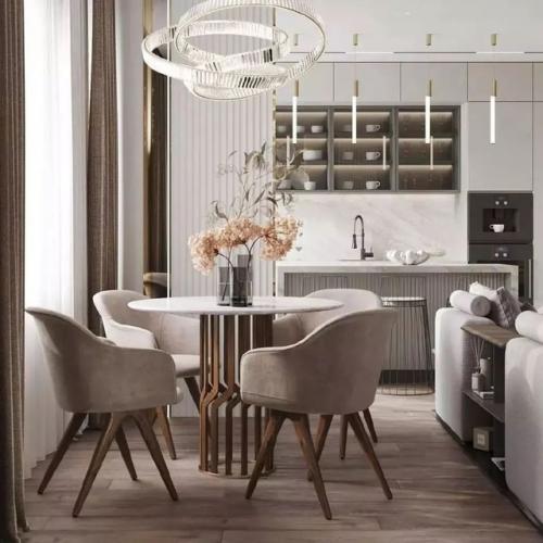 Интерьер кухни - гостиной в светлых тонах. 06