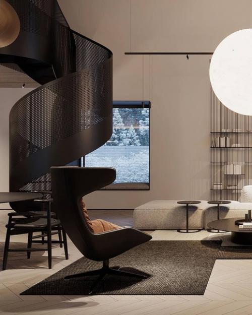 Дом разделен на несколько зон, вот несколько снимков дневной зоны, чтобы увидеть, как объем и высокие потолки влияют на дизайн интерьера. 01