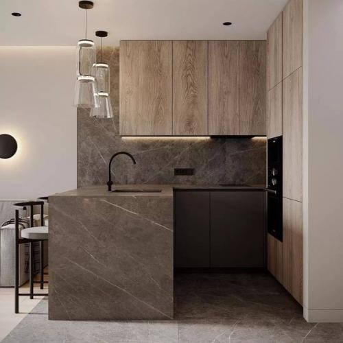 Стильный функциональный интерьер кухни - гостиной площадью 18 м в природных оттенках. 03