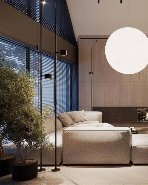 Дом разделен на несколько зон, вот несколько снимков дневной зоны, чтобы увидеть, как объем и высокие потолки влияют на дизайн интерьера. 03