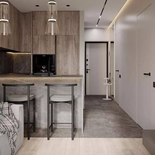 Стильный функциональный интерьер кухни - гостиной площадью 18 м в природных оттенках. 01