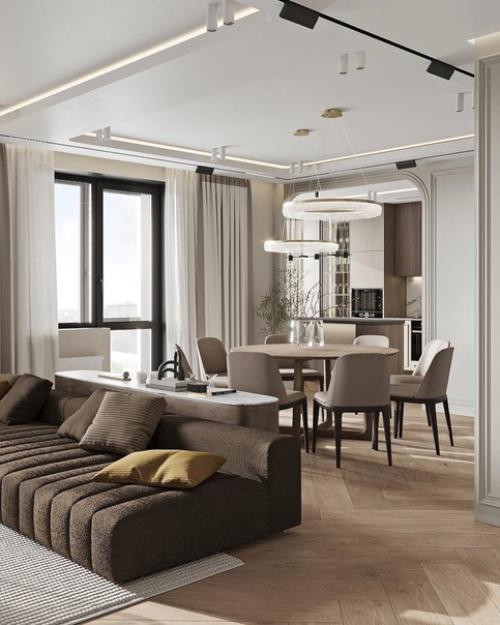 Интерьер кухни - гостиной в светлых тонах имеет ряд преимуществ: 09