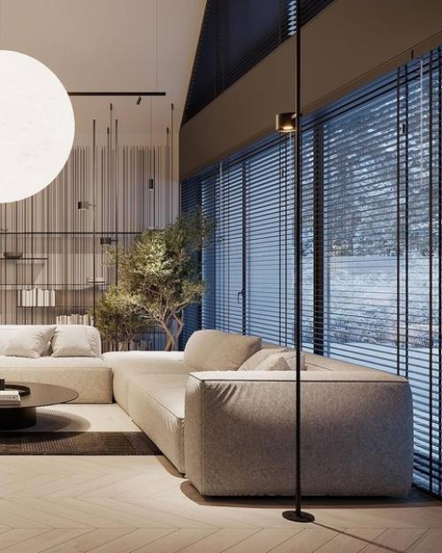 Дом разделен на несколько зон, вот несколько снимков дневной зоны, чтобы увидеть, как объем и высокие потолки влияют на дизайн интерьера. 02