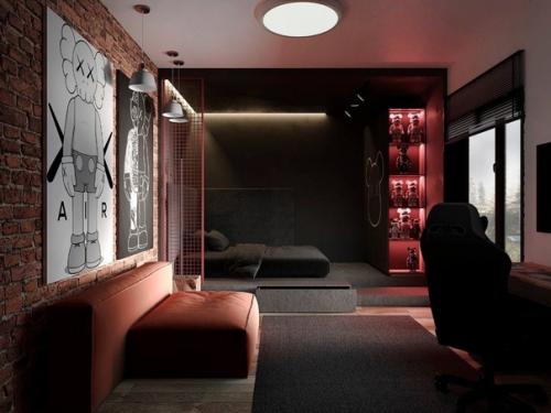 Насыщенный, тёмный и стильный интерьер квартиры в стиле лофт. 01